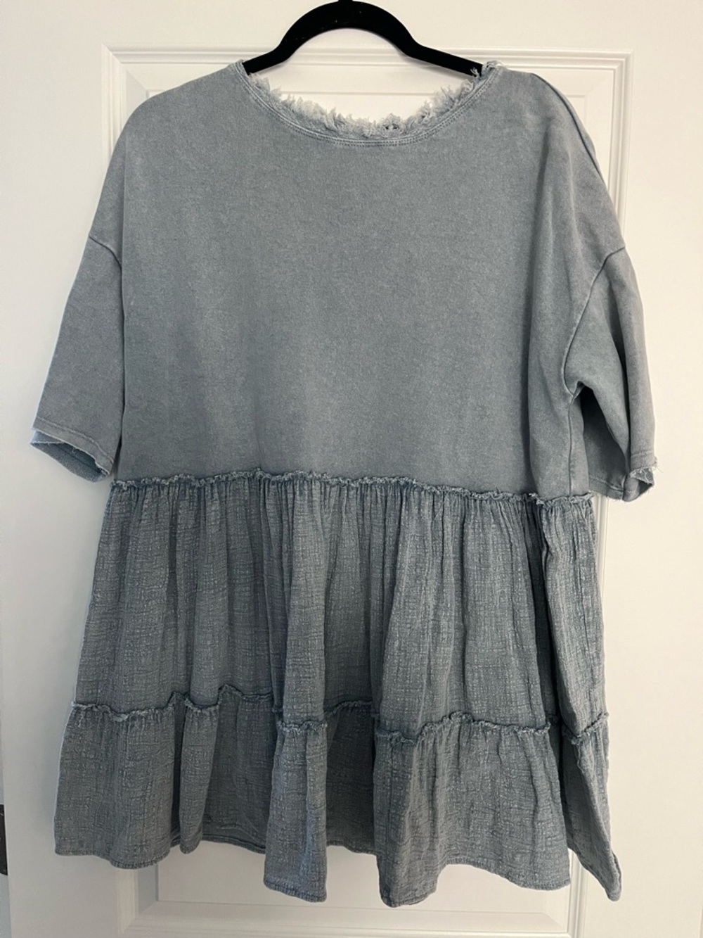 easel Light Blue Frayed Neck Short Sleeve Top